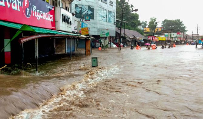 Wayanad: A flooded street following incessant monsoon rainfall, at Kalpetta in Wayanad, Friday, Aug 9, 2019. (PTI Photo) 