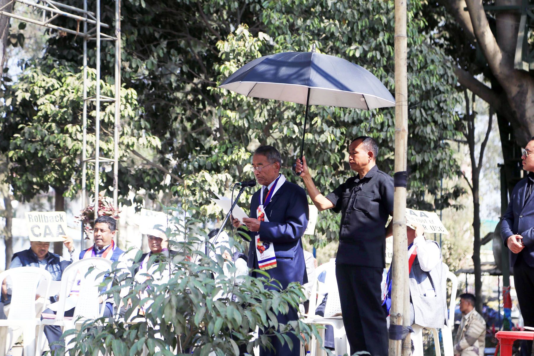 NPF President  Dr Shürhozelie Leizietsü speaking during the protest in Dimapur on February 11. (Morung Photo by Soreishim Mahong)