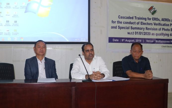 A cascaded training for EROs, AEROs and AEOs for conduct of Electors Verification Program (EVP) and Special Summary Revision of Photo Electoral Rolls w.r.t January 1, 2020 as qualifying date was held on August 9 at Multipurpose Hall, ATI, Kohima. Chief Electoral Officer, Abhijit Sinha IAS addressed the trainees while Deputy CEO, Awa Lorin spoke on Electors Verification Program and IT Section, CEO’s Office gave a presentation on ERO Net/BLO Net/NVSP/Voter Helpline Mobile App. Deputy CEO, Ruokuovituo Khezhie spoke on Legal Provisions and Procedural matters followed by discussion by Addl. CEO, Nagaland, N. Moa Aier. (DIPR Photo) 